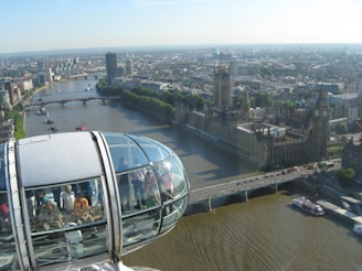 A panoramic view of the Thames River with the London Eye and historic bridges during sunset.