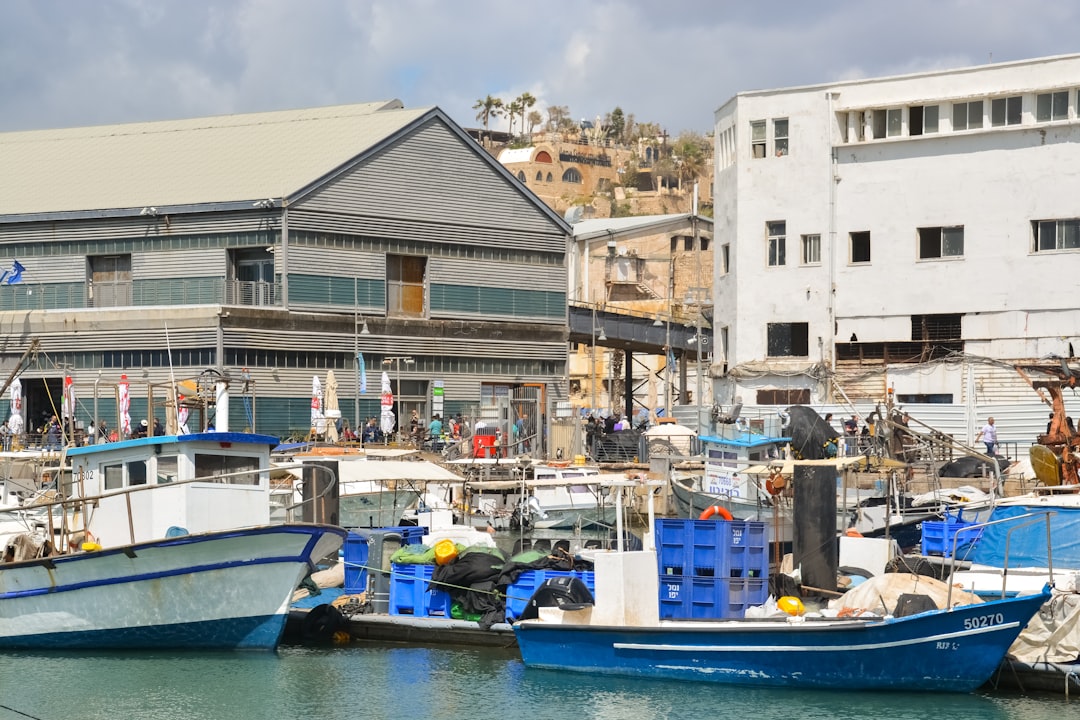 blue and white boat on dock near white concrete building during daytime