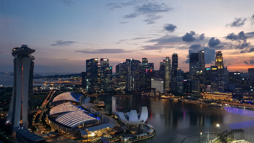 city skyline during night time