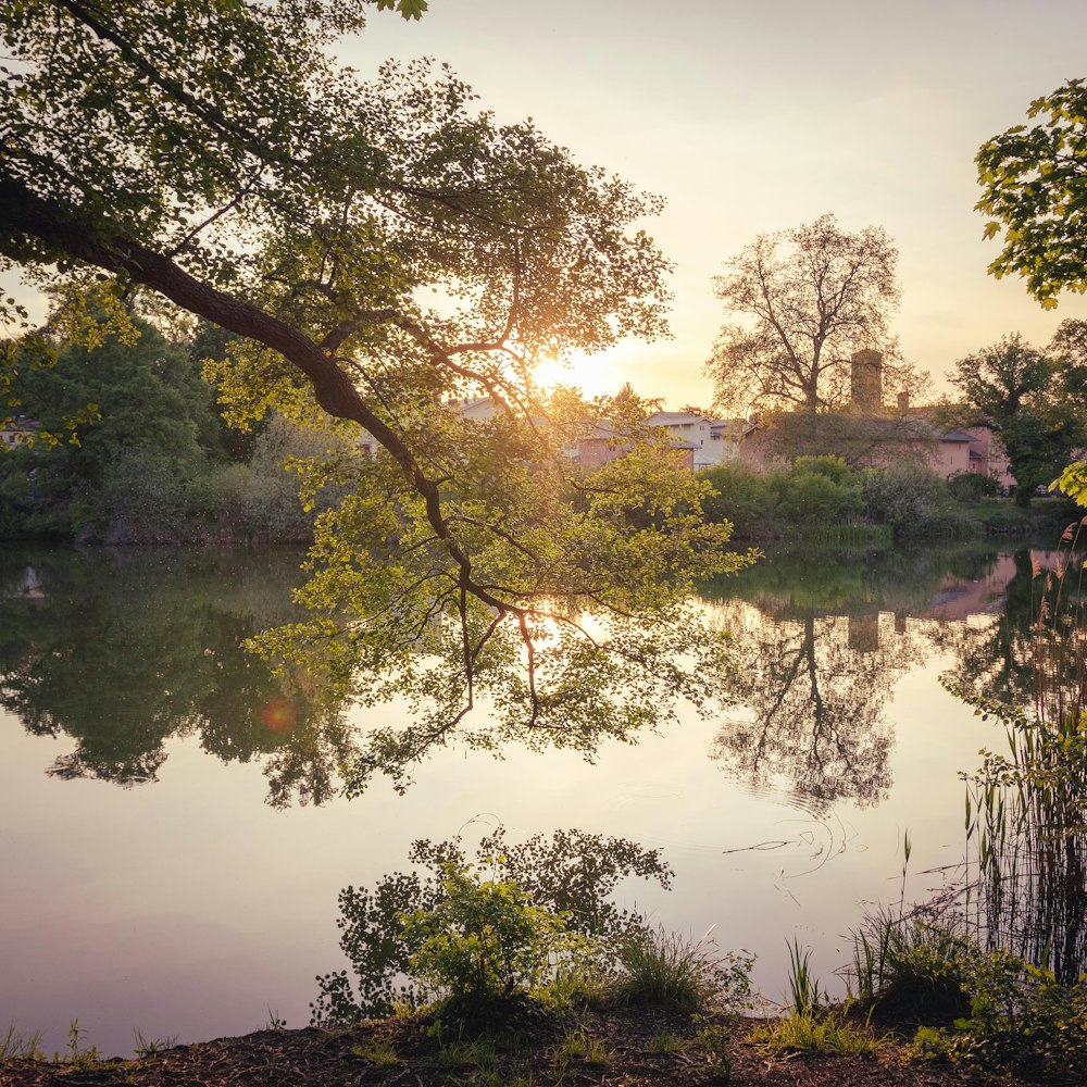 the sun is setting over a small lake