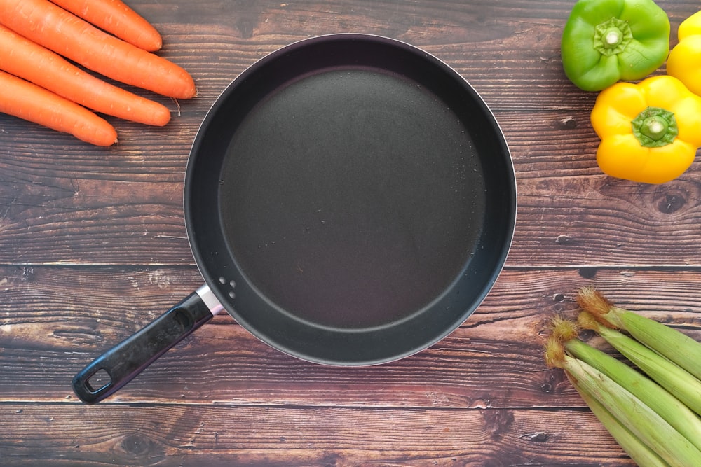 black round plate on brown wooden table