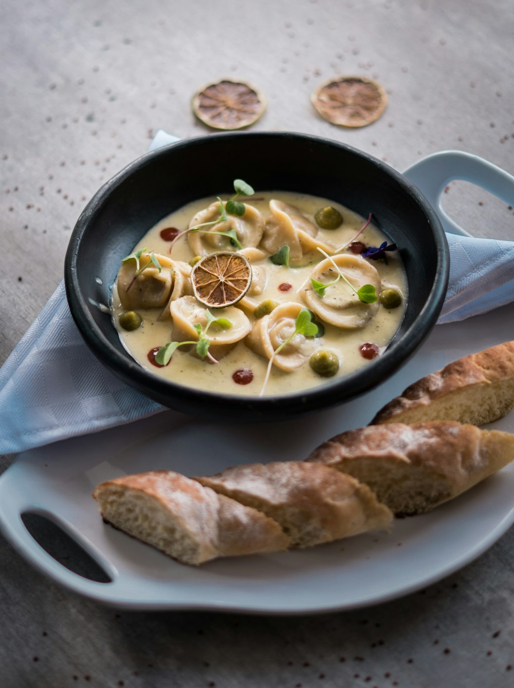 black ceramic bowl with food