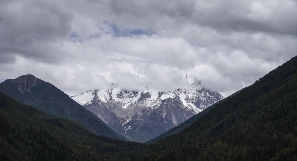 green trees near snow covered mountain under cloudy sky during daytime