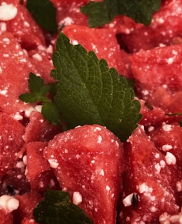 Chunks of juicy watermelon are mixed with small curd-like pieces, possibly feta or cottage cheese, and garnished with fresh mint leaves.