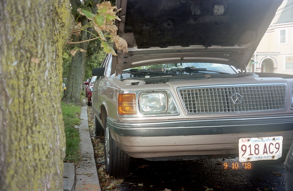 silver car parked beside green tree