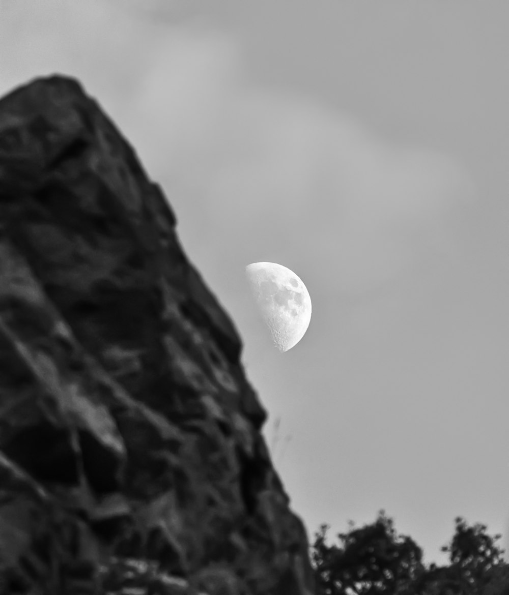Foto en escala de grises de la luna en el cielo