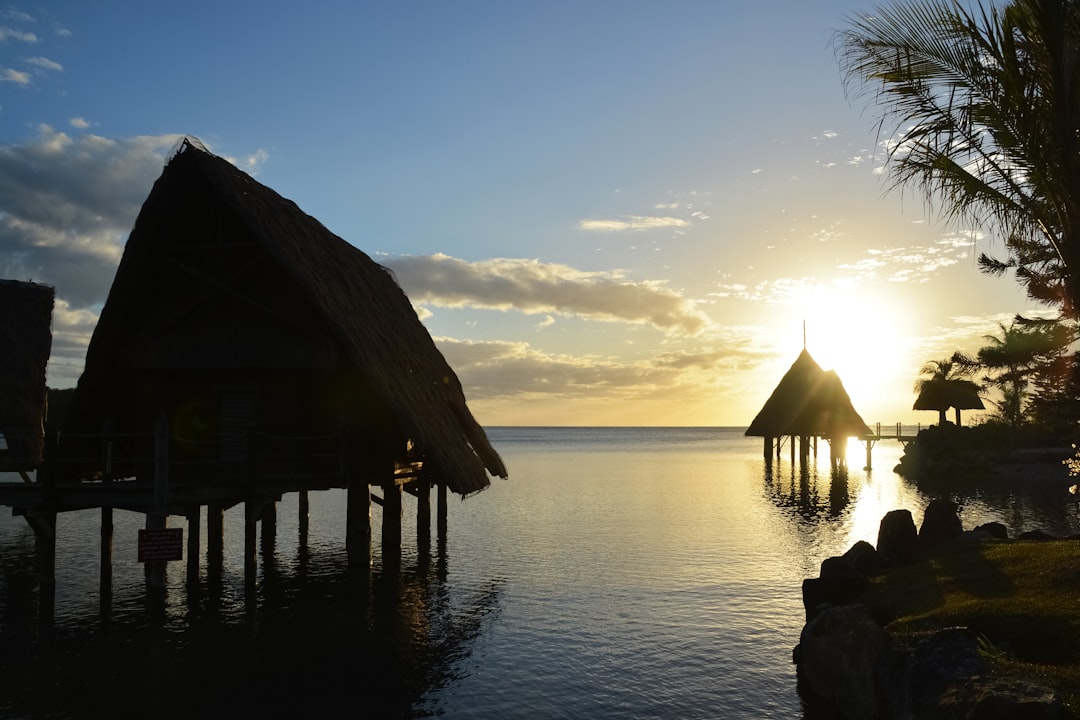 brown wooden house on body of water during sunset