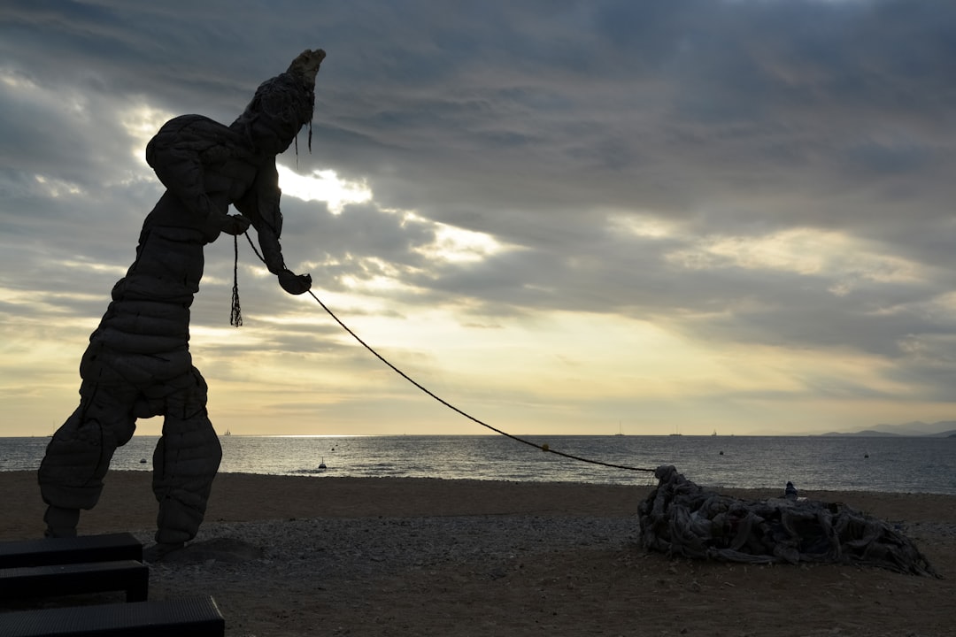 person in black jacket and gray pants standing on beach shore with dog during daytime