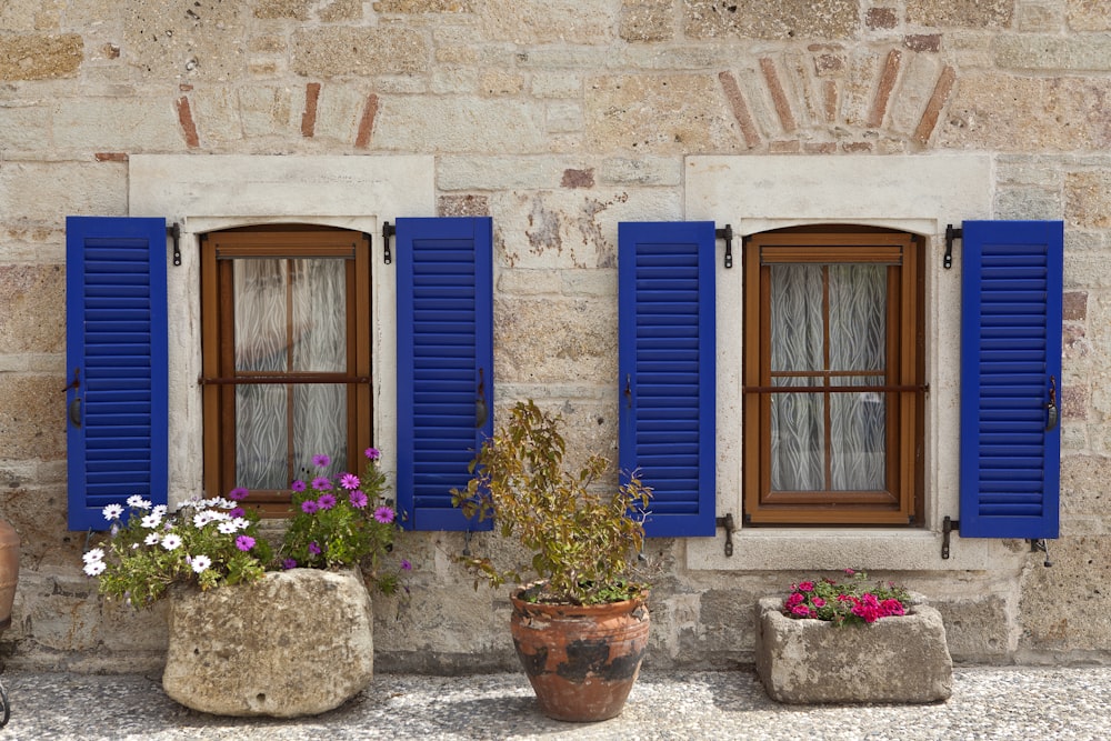 blue wooden door beside brown concrete wall