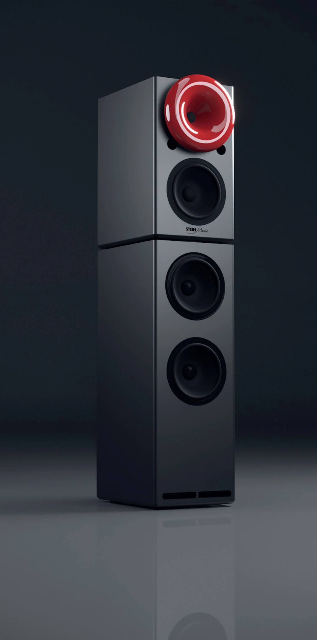 A large black floorstanding loudspeaker tower with a glowing red driver