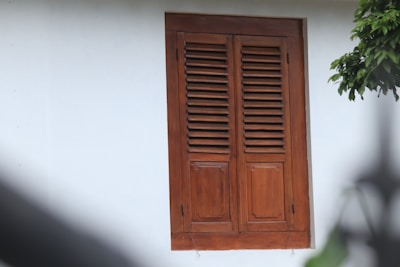 A wooden shutter window with slats, framed in a brown color, set in a white wall. Partially visible, a green leafy branch can be seen on the right side.