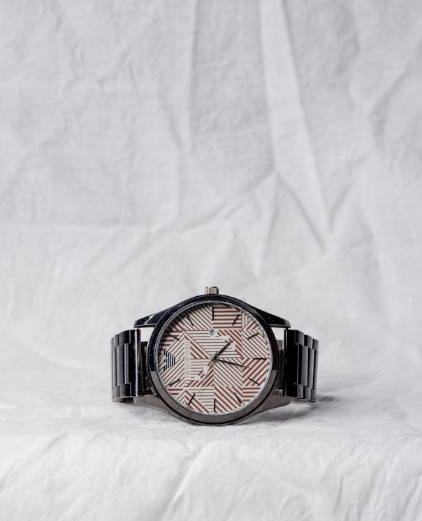 silver link bracelet round analog watch