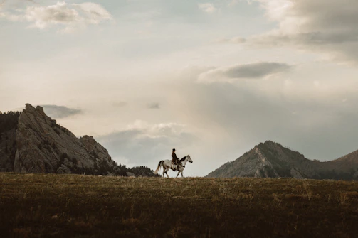 A panoramic view of a remote mountain pass with a lone rider silhouetted against the early morning light.