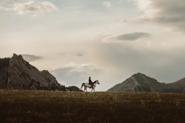 A lone rider crossing a shallow river with mountains looming in the background under a cloudy sky.