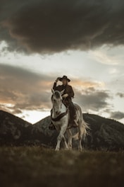 A person on horseback rides through a grassy field, with dramatic clouds overhead and mountains in the background. The rider wears a cowboy hat and a jacket, indicating a western or cowboy theme.