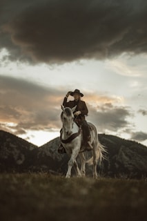 A person on horseback rides through a grassy field, with dramatic clouds overhead and mountains in the background. The rider wears a cowboy hat and a jacket, indicating a western or cowboy theme.