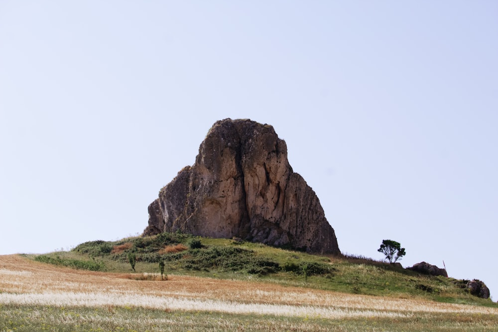 brown rock formation on green grass field during daytime