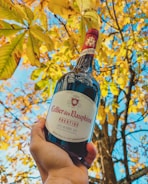 A hand holding a bottle of Cellier des Dauphins Prestige wine in front of autumn leaves. The bottle has a red cap and a detailed label, which is prominently displayed. The backdrop features a tree with yellow leaves against a clear blue sky.