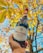 A hand holding a bottle of Cellier des Dauphins Prestige wine in front of autumn leaves. The bottle has a red cap and a detailed label, which is prominently displayed. The backdrop features a tree with yellow leaves against a clear blue sky.