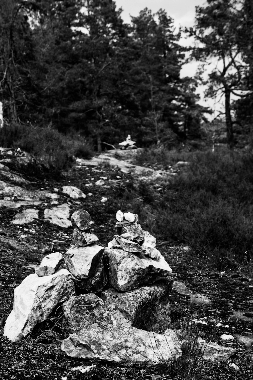 grayscale photo of person in jacket sitting on rock