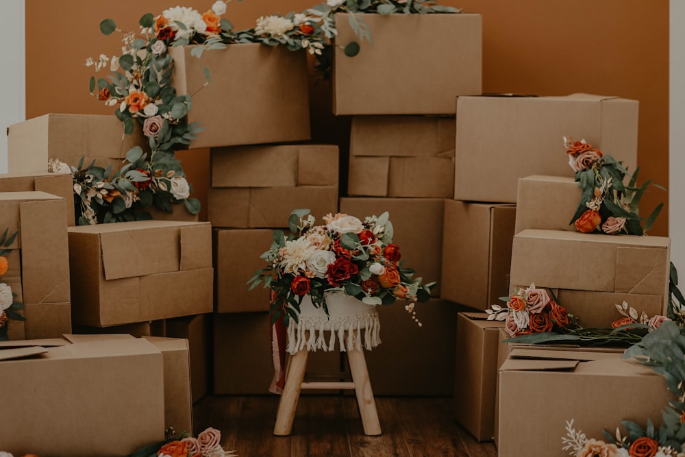 white and red flowers on brown cardboard box