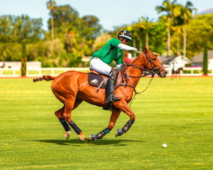 Action shot of a polo match with players galloping and striking the ball