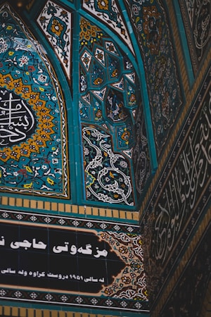 Intricate tilework featuring elaborate geometric patterns and floral motifs, dominated by shades of blue, yellow, and white. Arabic or Persian script adorns sections of the design, suggesting cultural or religious significance.