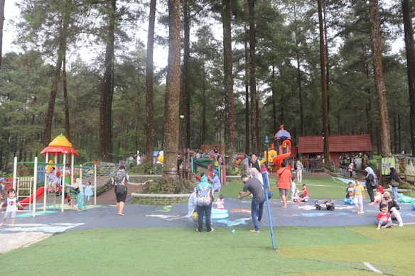 A lively playground is set in a forested area with tall pine trees in the background. Children are playing on various brightly colored playground equipment, such as slides and swings. Parents and guardians are supervising the children, some of whom are engaged in conversations or taking photos. The atmosphere is bustling and joyful.