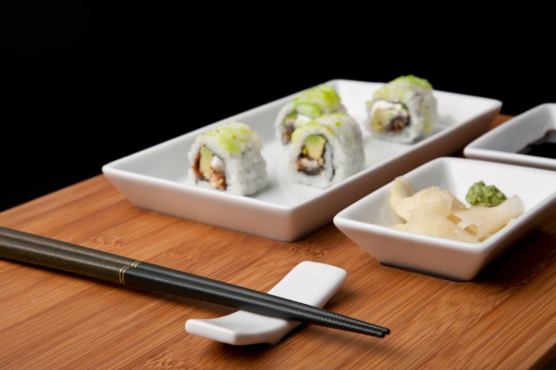 white ceramic rectangular tray with white and green food