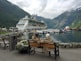 woman in brown coat sitting on brown wooden bench near white cruise ship during daytime