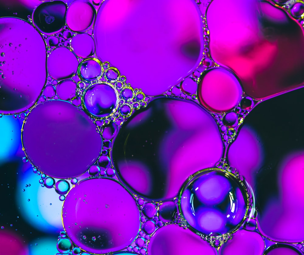 blue and purple bubbles in close up photography