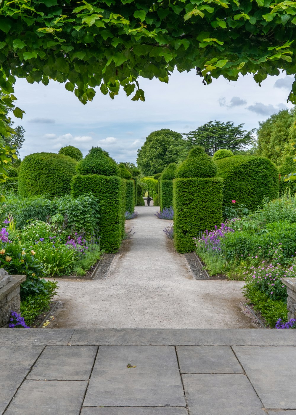 gray concrete pathway between green trees under white clouds and blue sky during daytime