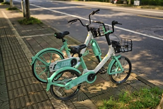 A mint green bike with umbrella parked on green grass at a sunny farmers market, surrounded by smiling kids and parents enjoying ice cream sandwiches.