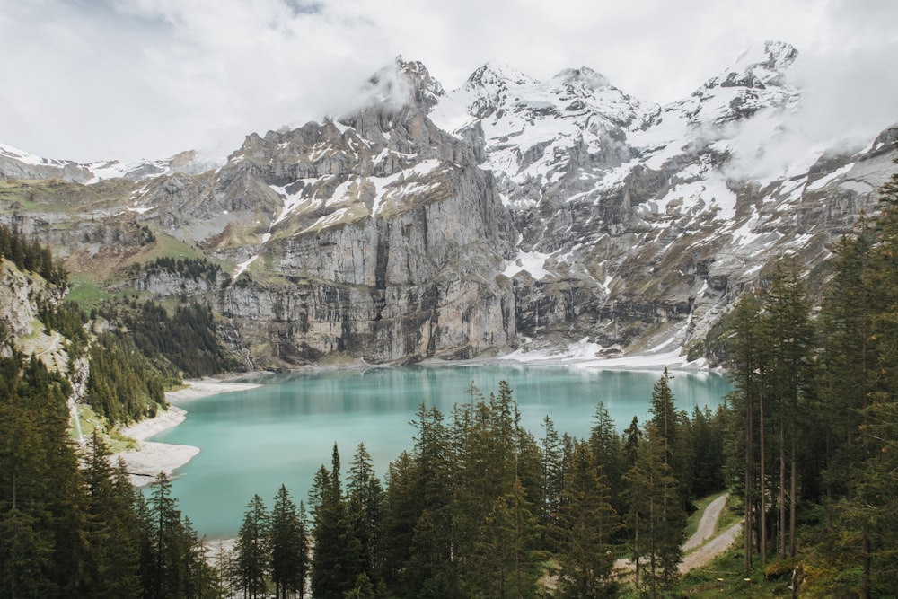 lake surrounded by trees and mountains