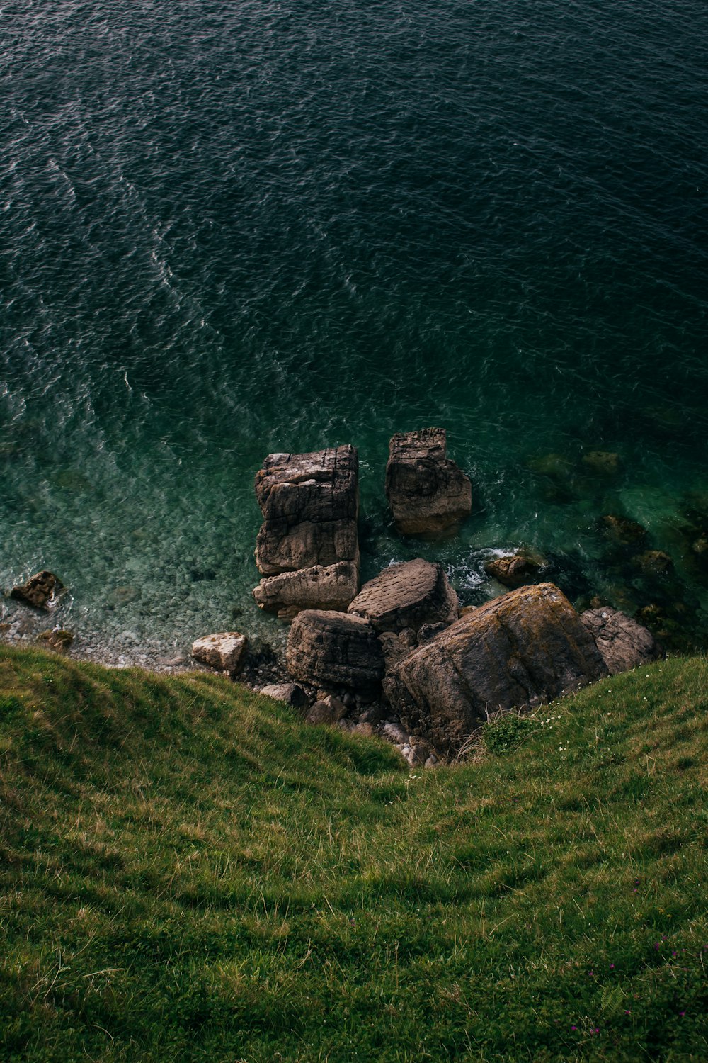 brown rock formation on green grass field near body of water during daytime