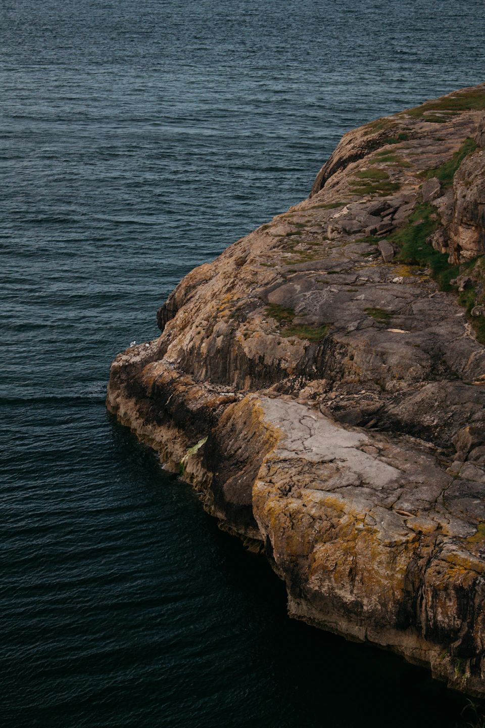 Rocky cliff with green moss and lichen, overlooking a body of water from below