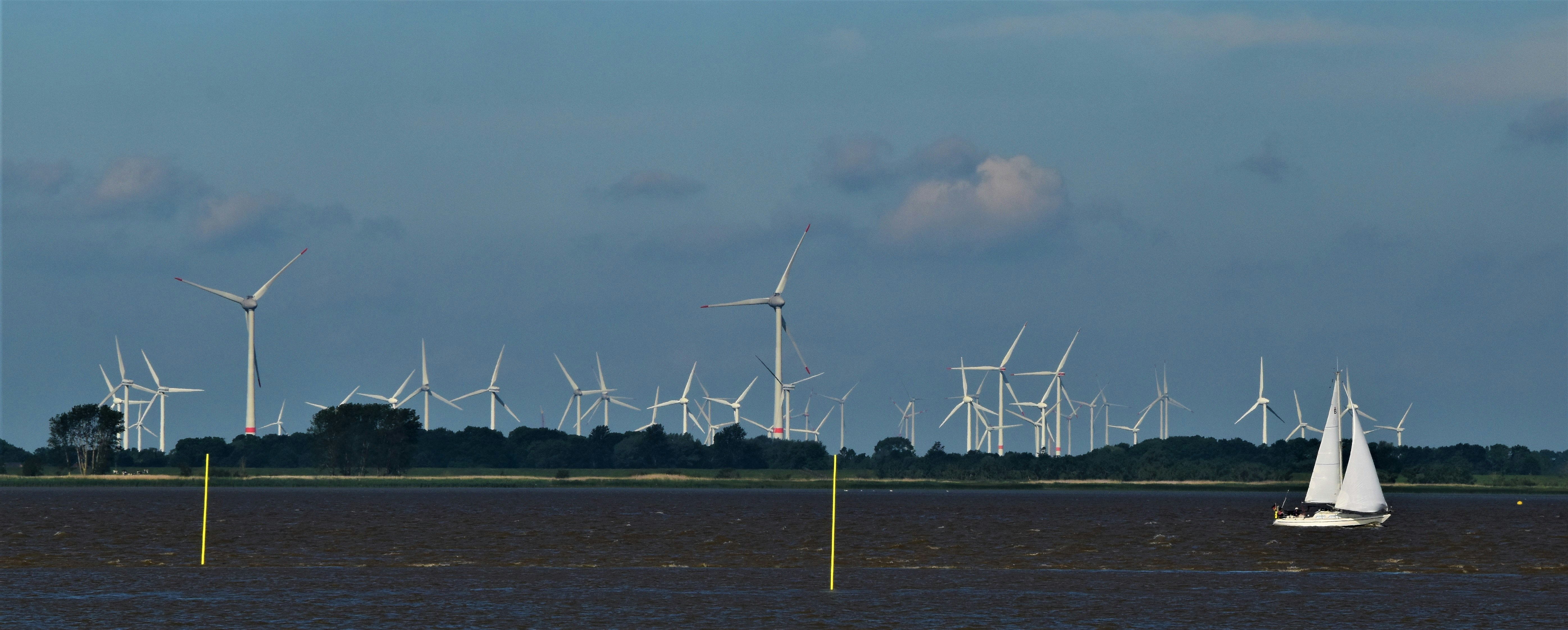 Multiple wind turbines in a green field
