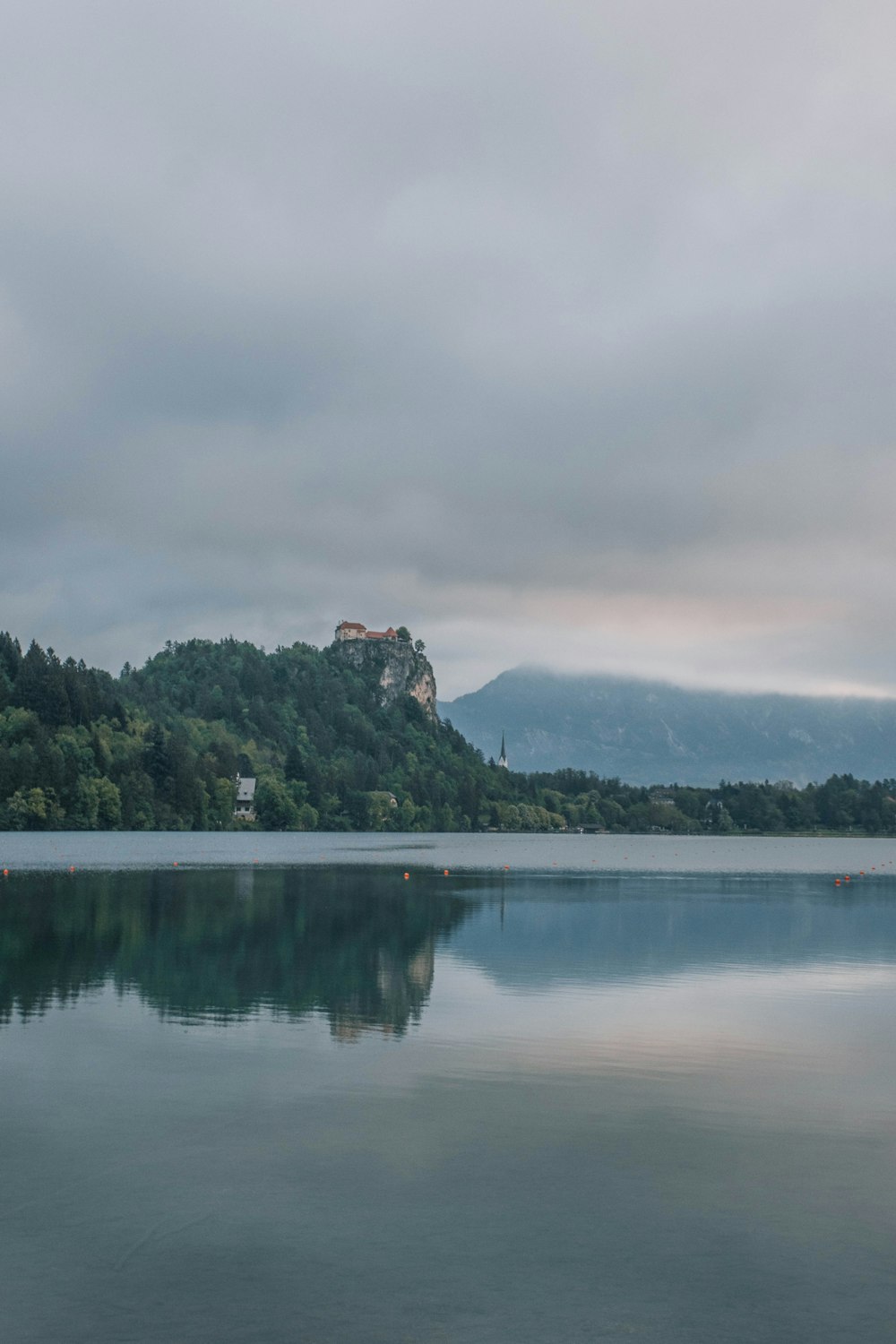 green trees near lake under cloudy sky during daytime