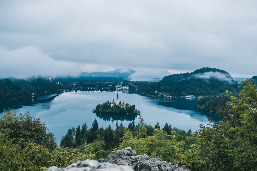 green trees near lake under cloudy sky during daytime