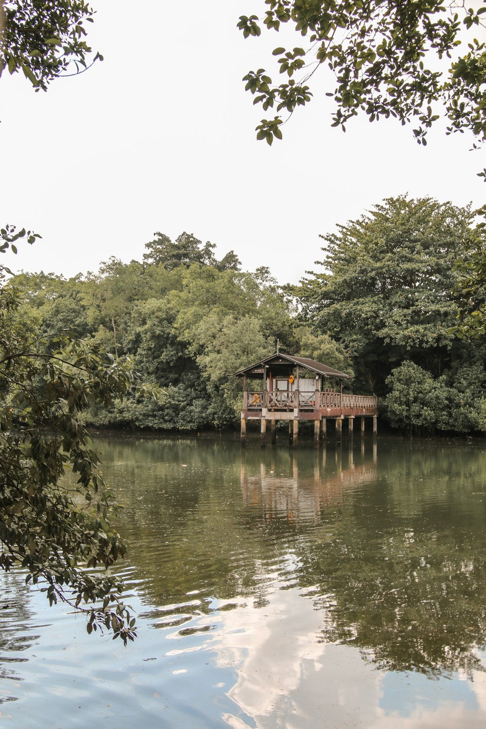 brown wooden house on lake during daytime