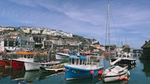 A picturesque harbor scene featuring a collection of colorful fishing boats moored in calm water. The background is lined with quaint, tightly-packed houses built on a hillside, with some displaying vibrant pastel colors. Overhead, a clear blue sky with wispy clouds adds to the serene atmosphere.