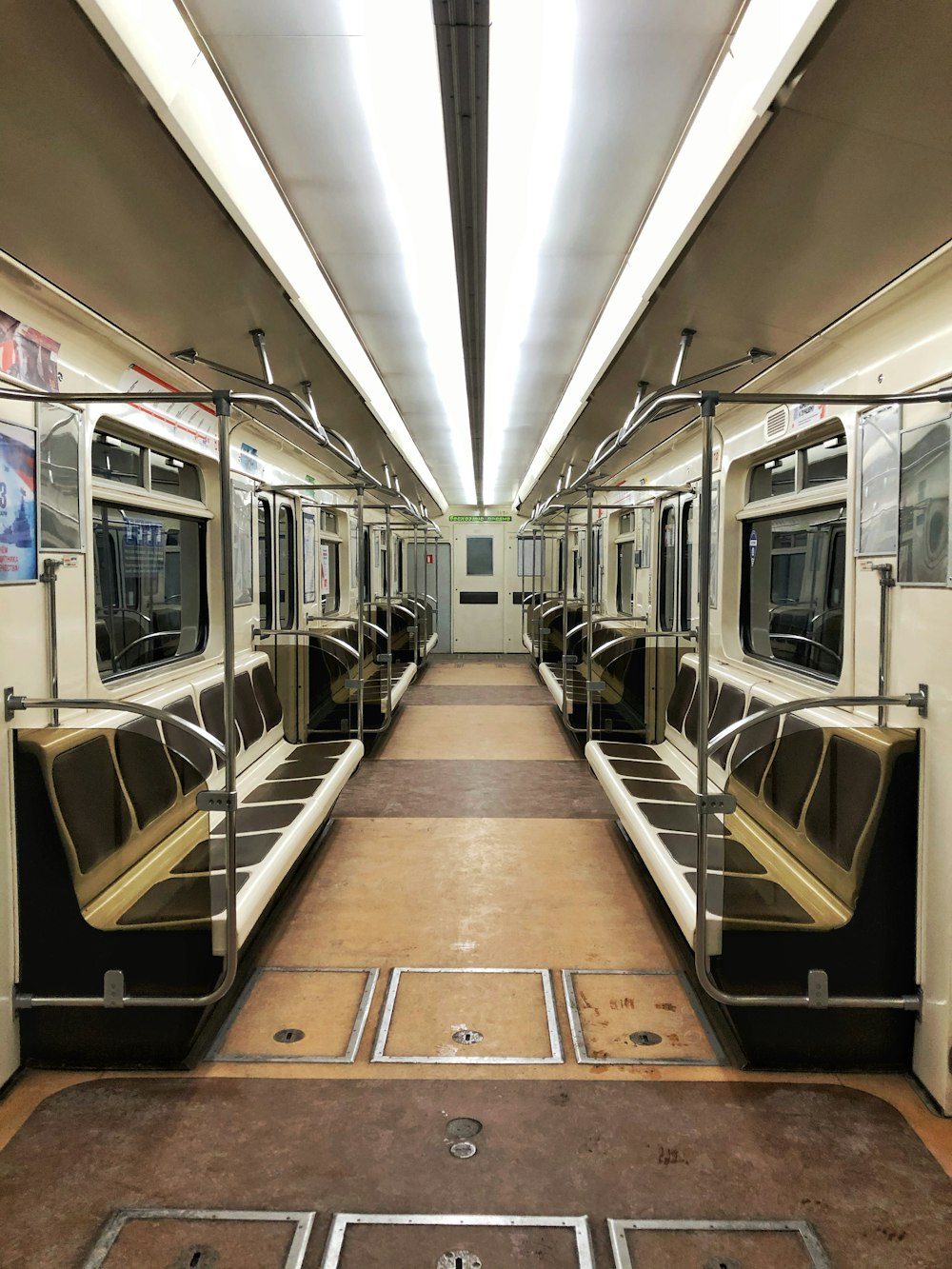 white and black train interior