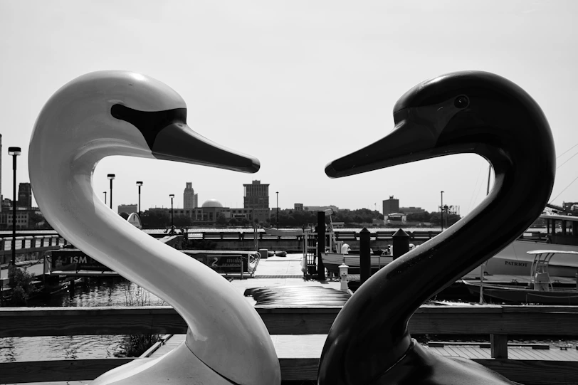 grayscale photo of two person walking on the bridge