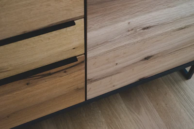 Close-up of a sleek Scandinavian-style nightstand drawer with clean lines and matte finish