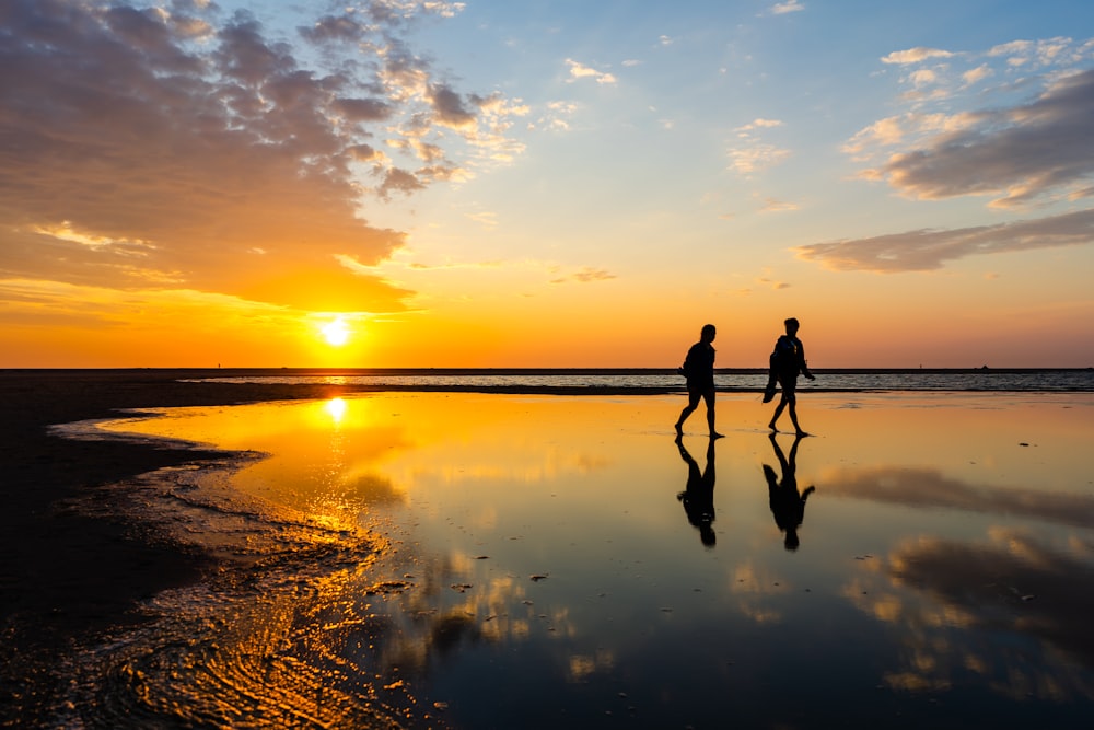 silhouette of 2 person standing on body of water during sunset