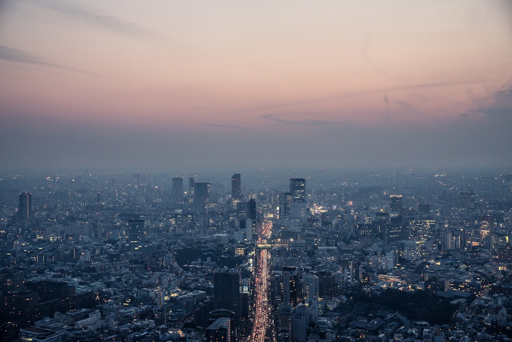 aerial view of city buildings during night time