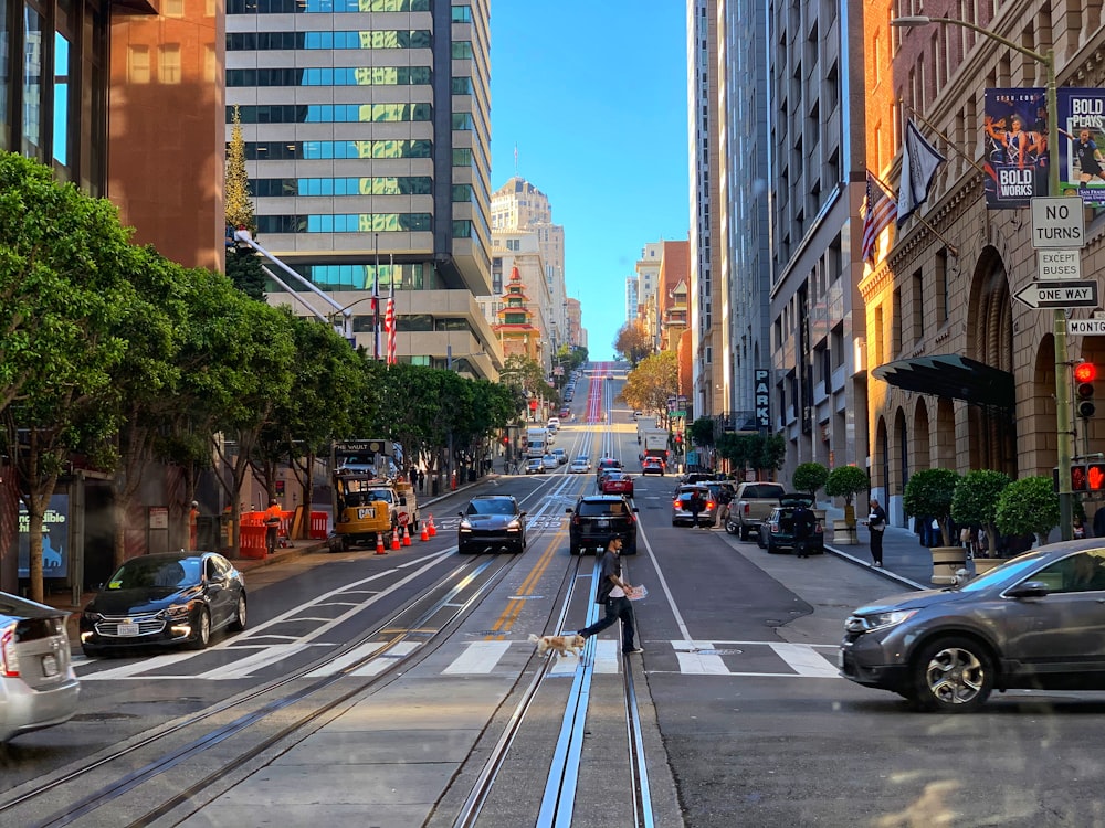 cars on road near high rise buildings during daytime