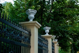 black metal gate near green trees during daytime