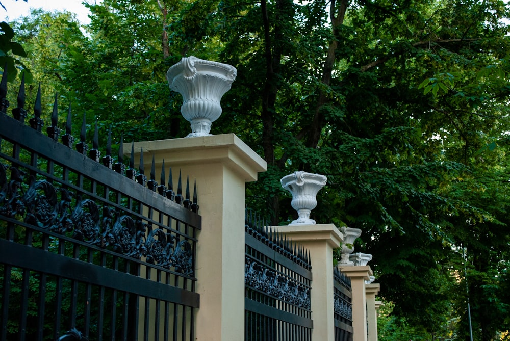 black metal gate near green trees during daytime