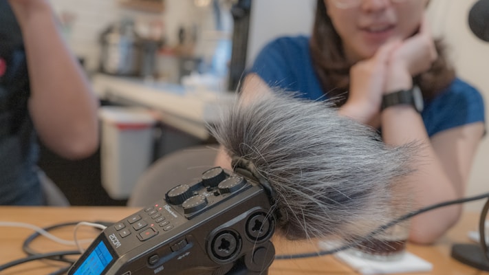 A close-up of a portable audio recorder with a furry wind cover is placed on a table, while a person in a blue shirt is blurred in the background. The setting appears casual, possibly a cafe or home environment, with some kitchen appliances barely visible.